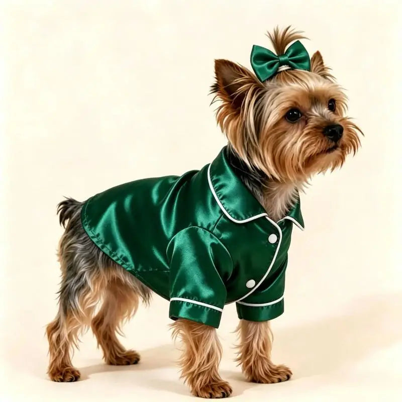Satin Dog Pajamas Set with Bow Headband | Soft Pet Sleepwear
