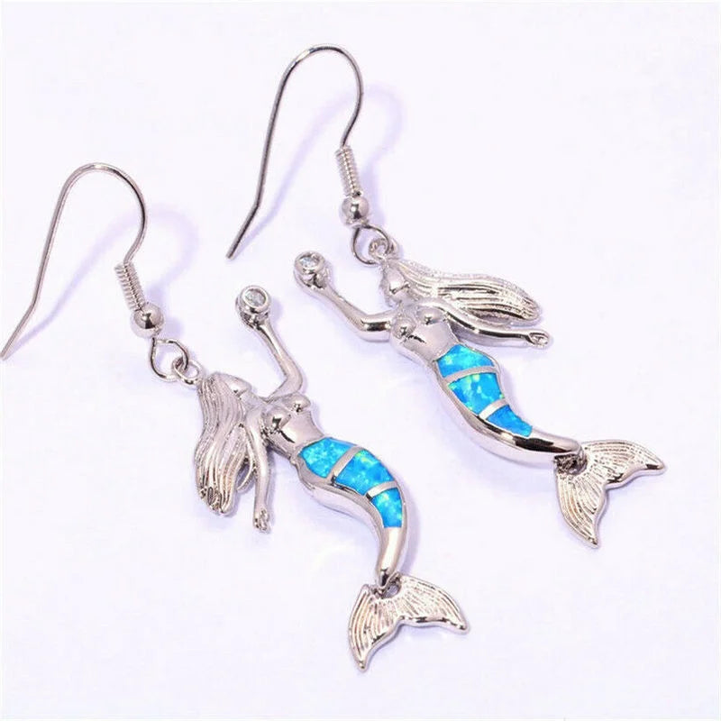 Women's Mermaid Simulated Opal Silver Long Drop Earrings