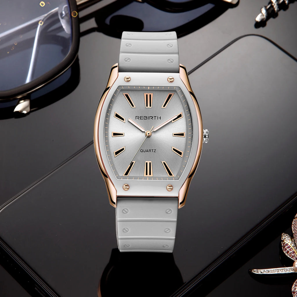 REBIRTH Unisex Casual Quartz Watch – Silicone Strap Tonneau Dial Casual Quartz Watch Nixie