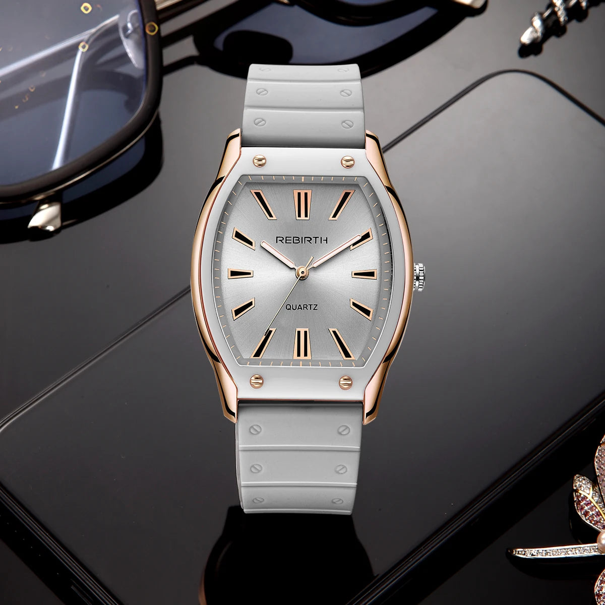 REBIRTH Unisex Casual Quartz Watch – Silicone Strap Tonneau Dial Casual Quartz Watch Nixie