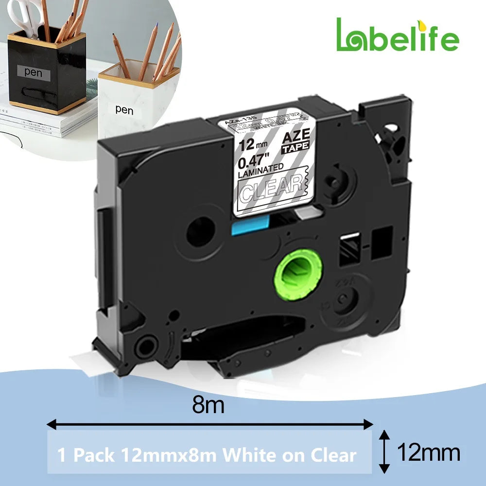 TZe-135 Compatible Label Tape 12mm White on Clear – Labelife