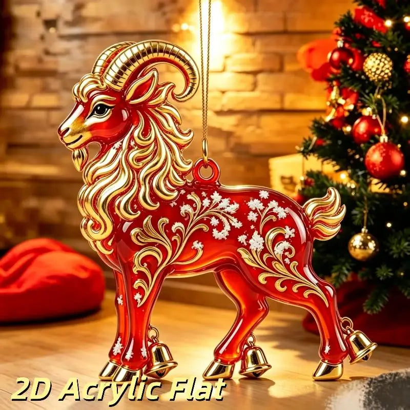 Acrylic Chinese Zodiac Goat Ornament – Red Gold Festive Decor