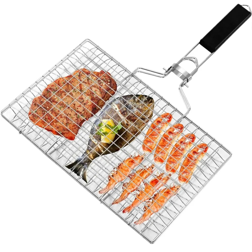 Folding Stainless Steel Fish Grill Basket with Removable Handle BBQ Grilling Basket Nixie