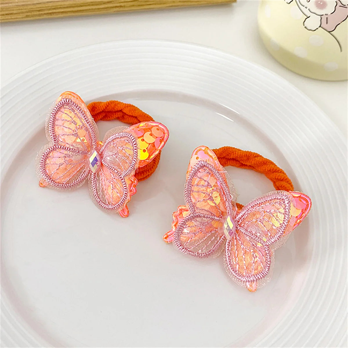 2PCS Sequin Butterfly Hair Ties for Girls – Elastic Ponytail Bands Girls Hair Ties Nixie Orange