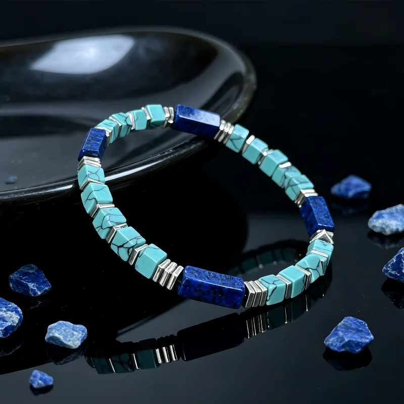 Natural Turquoise & Lapis Lazuli Square Tube Bracelet Stone Beaded Bracelet Nixie