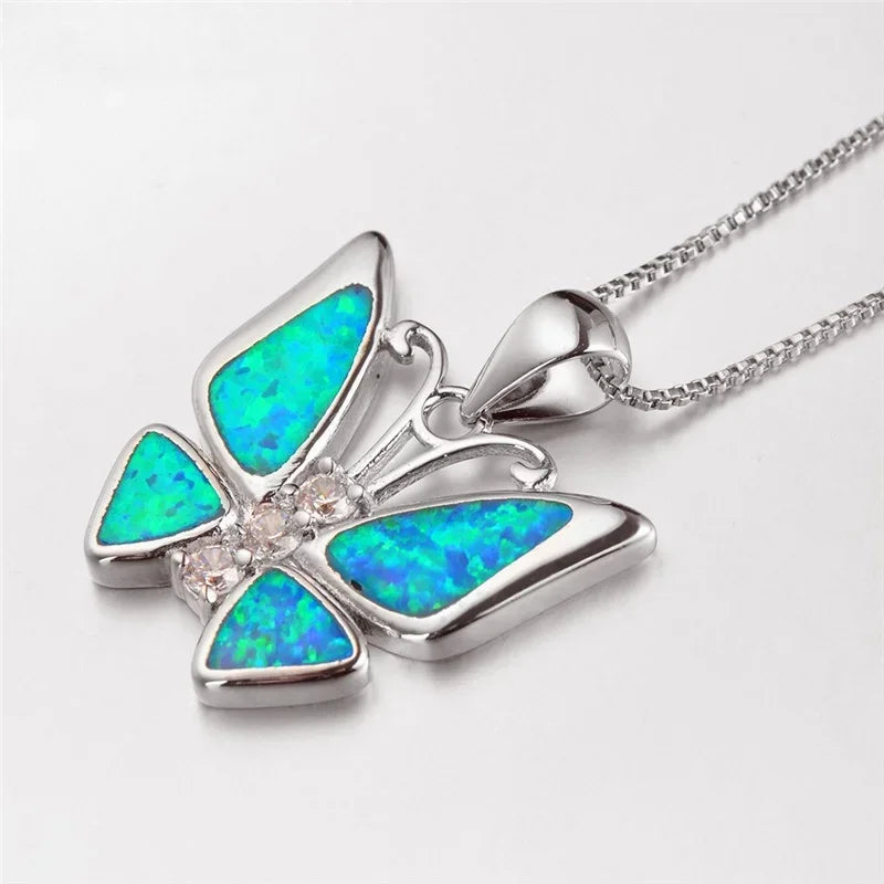 Fire Opal Butterfly Pendant Necklace – Blue & White Fashion Pendant Necklace Nixie