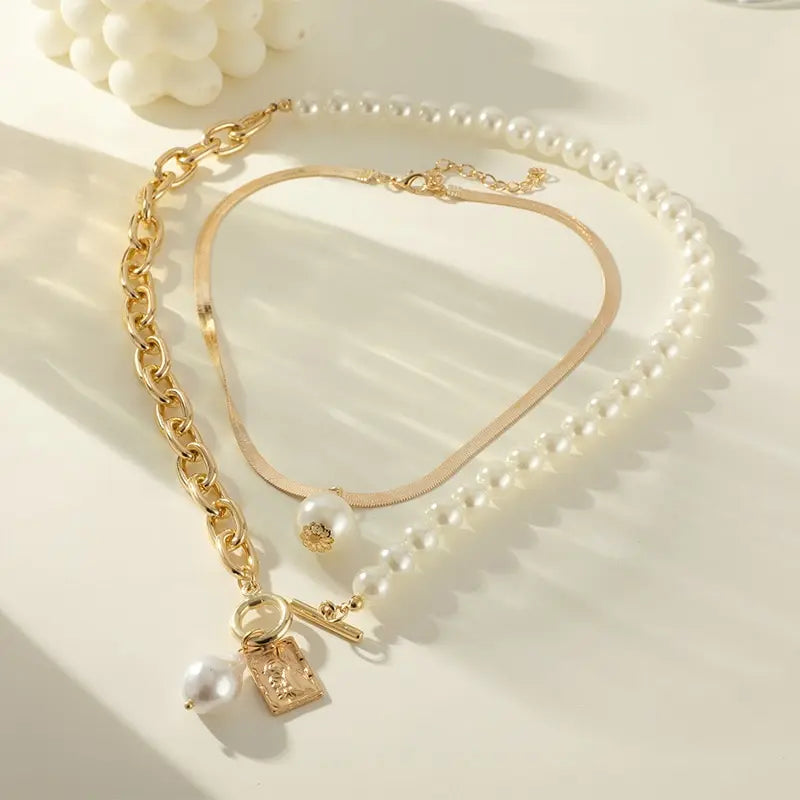 2PCS Gold Hip Hop Baroque Faux Pearl Pendant Necklaces Set Pendant Necklace Set Nixie