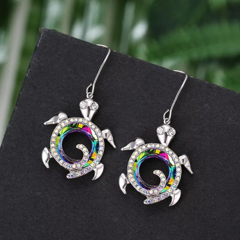 Sea Turtle Drop Earrings | Rainbow Rhinestone Zinc Alloy Drop Earrings Nixie
