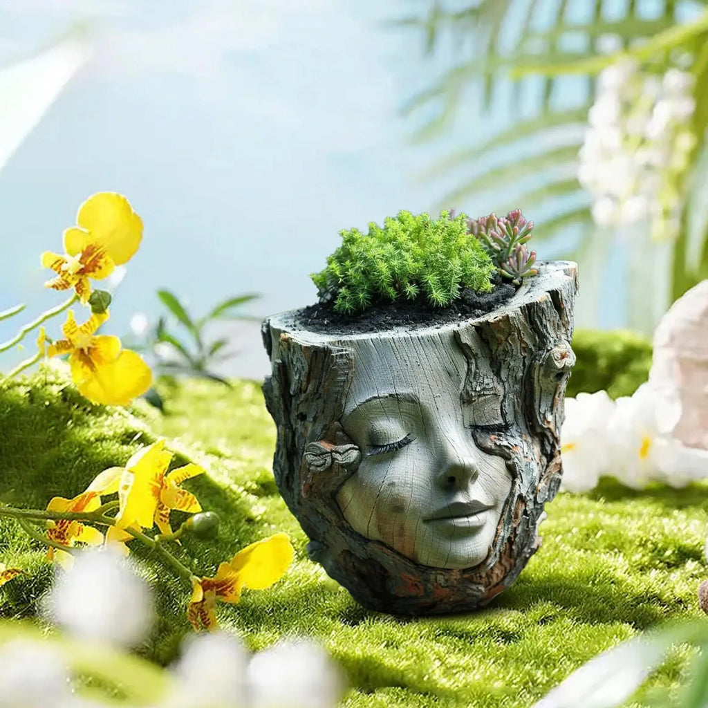 Girl Face Resin Stump Flowerpot – Garden Statue Planter Décor Decorative Garden Planter Nixie