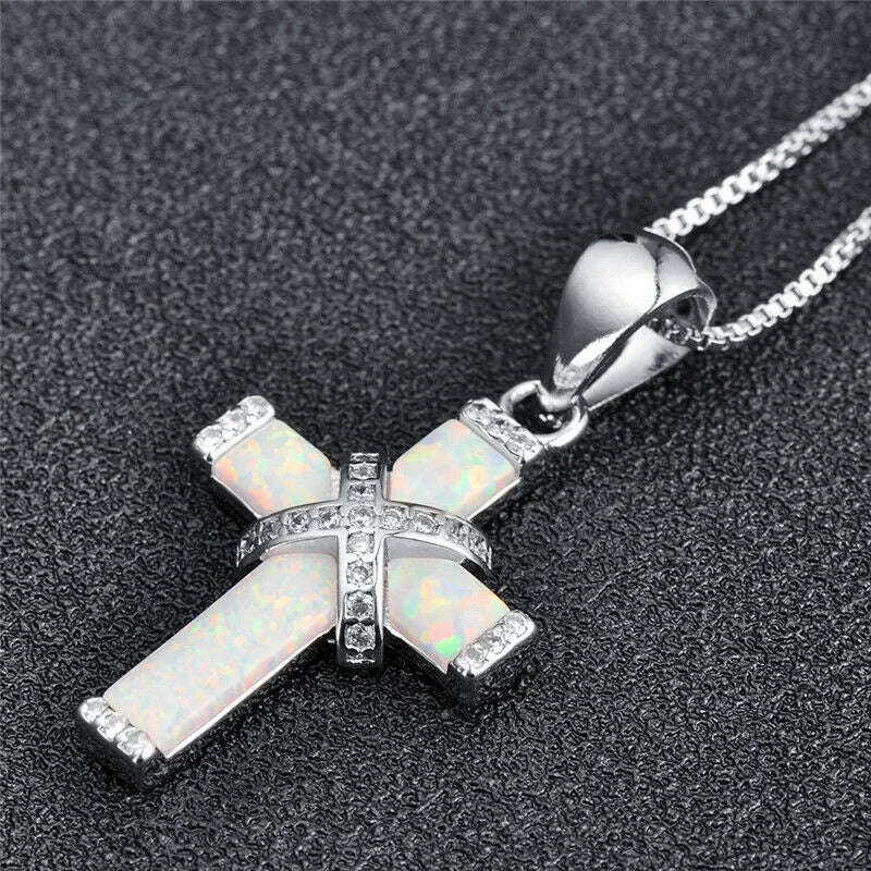 Simulated Opal Cross Pendant Necklace | Silver Women's Jewelry Cross Pendant Necklace Nixie