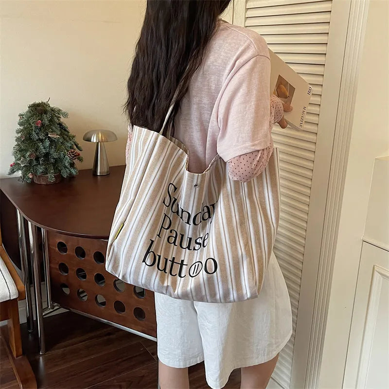 Women's Large Canvas Tote Bag – Striped Shoulder & Work Bag Canvas Tote Bag Nixie