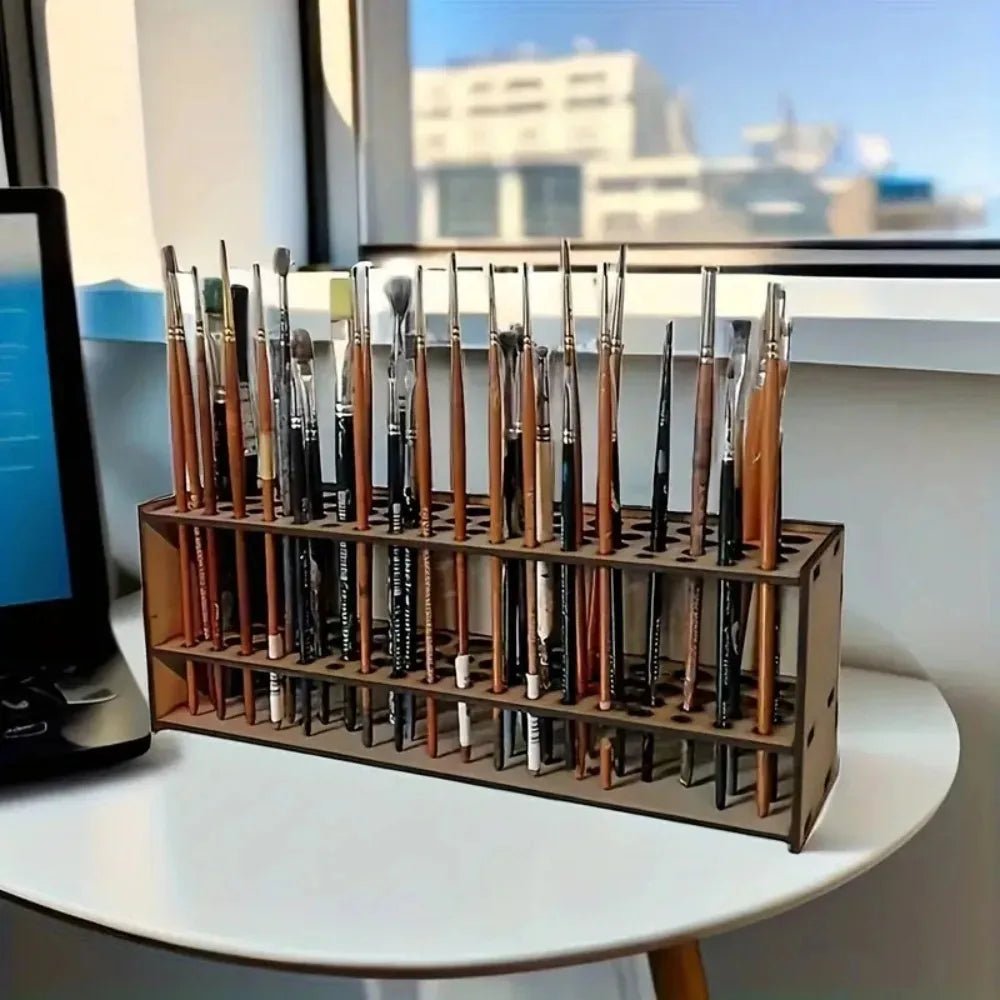 67-Slot Wooden Brush Holder – Double-Layer Desk Organizer Wooden Brush Holder Nixie