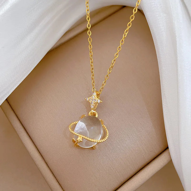 Cat's Eye Galaxy Pendant Choker Necklace | Gold Stainless Steel