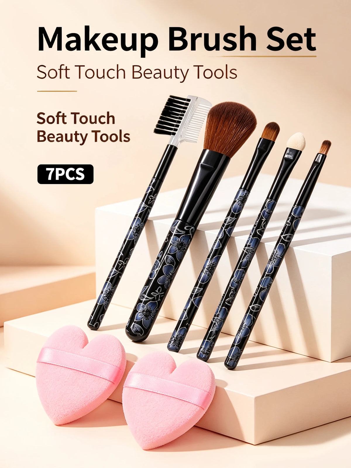 7Pcs Floral Makeup Brush Set & Heart Velvet Powder Puff Makeup Brush Set Nixie