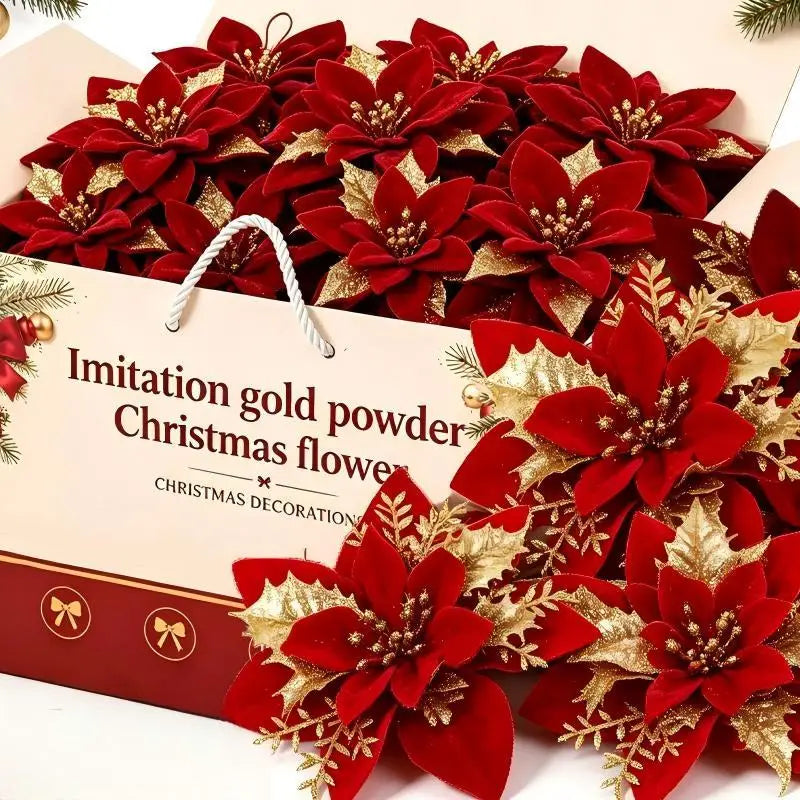 Artificial Red Gold Glitter Poinsettia Flowers – 10 Pcs Xmas Artificial Holiday Flowers Nixie