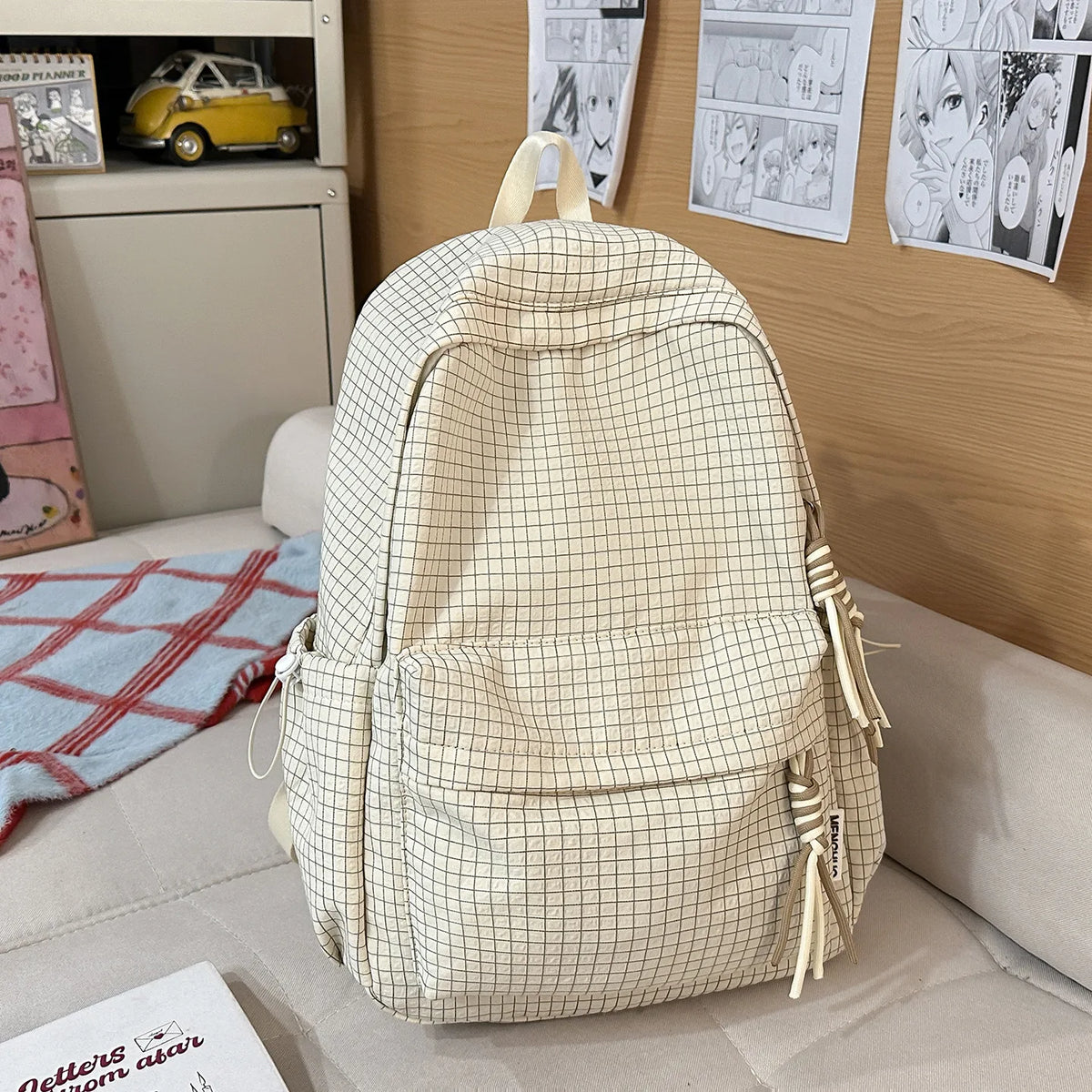Nixie Retro Plaid Backpack – Large Capacity Lightweight School Bag School Backpack Nixie Off-white Small (No