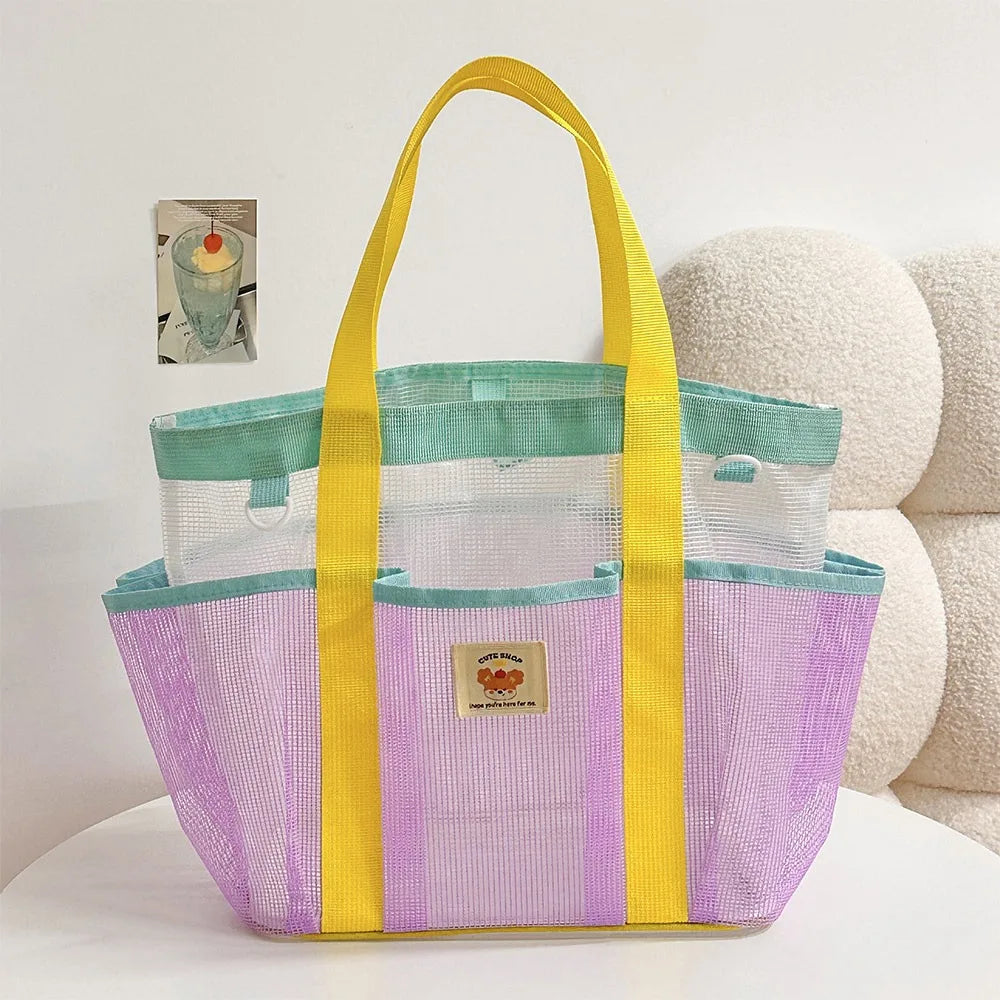 Large Mesh Beach Tote Bag – Multi-Pocket Shoulder Bag
