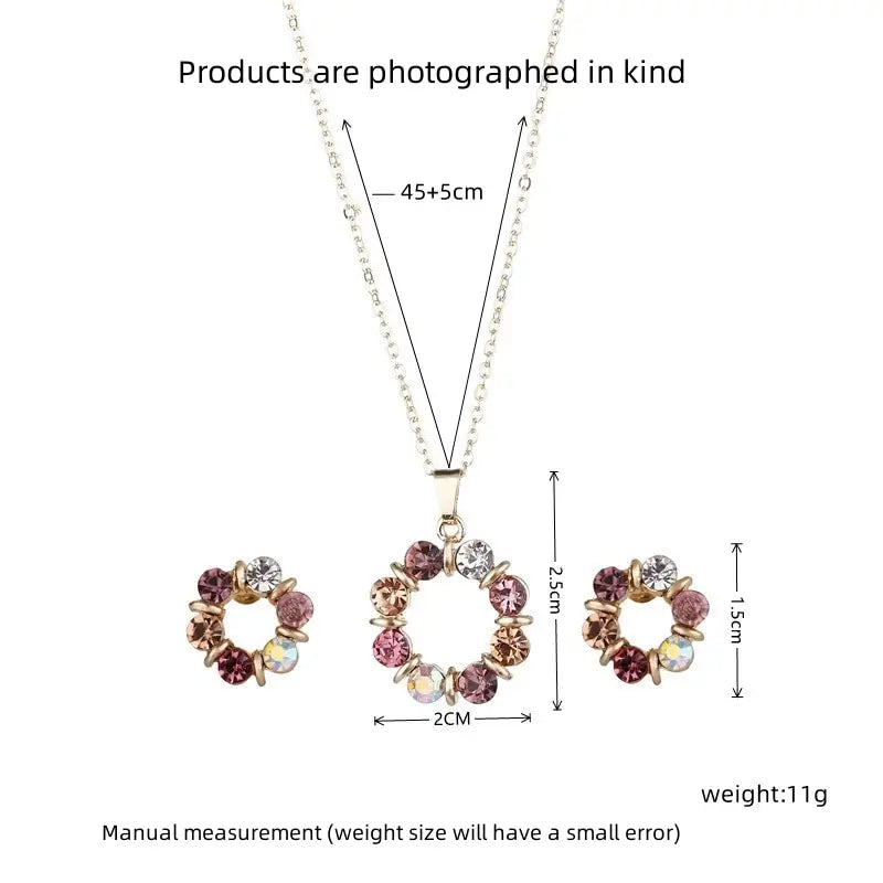 3pc Gold Necklace & Earrings Set – Circle Glass Diamond Jewelry Jewelry Set Nixie
