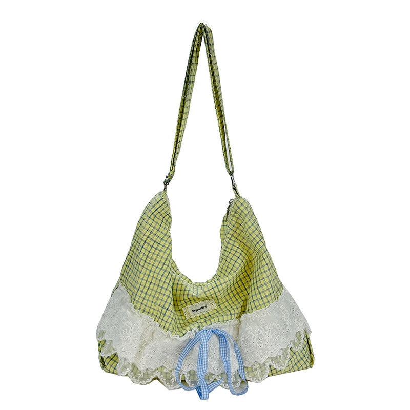 Lace-Trimmed Plaid Canvas Crossbody Bag – Women's Shoulder Bag Women's Crossbody Bag Nixie