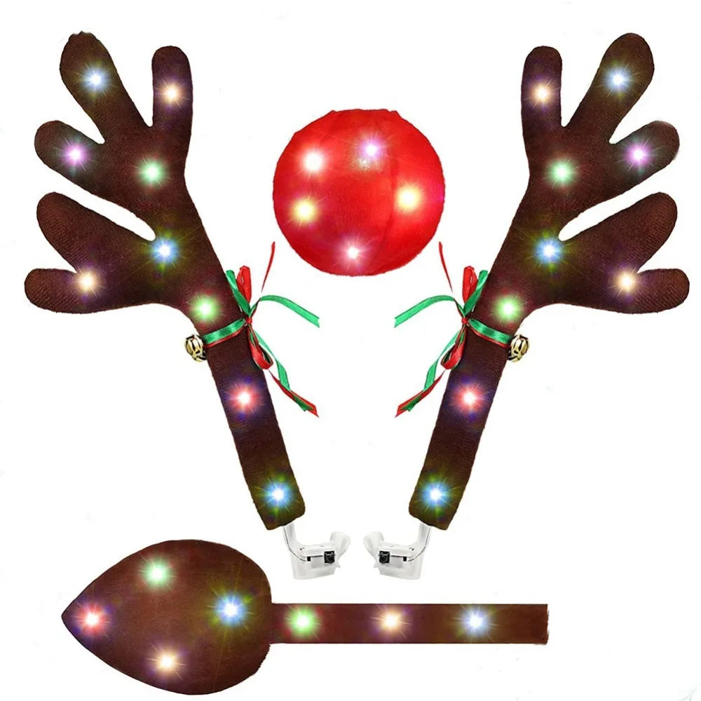 Christmas Car Reindeer Antlers & Red Nose Decoration Set Car Holiday Decoration Nixie Brown With Light