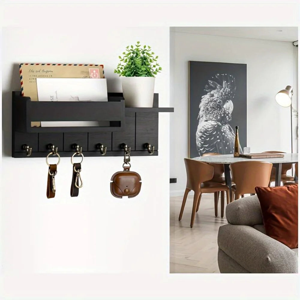 6-Hook Wooden Key Holder Wall Rack with Shelf & Mail Sorter