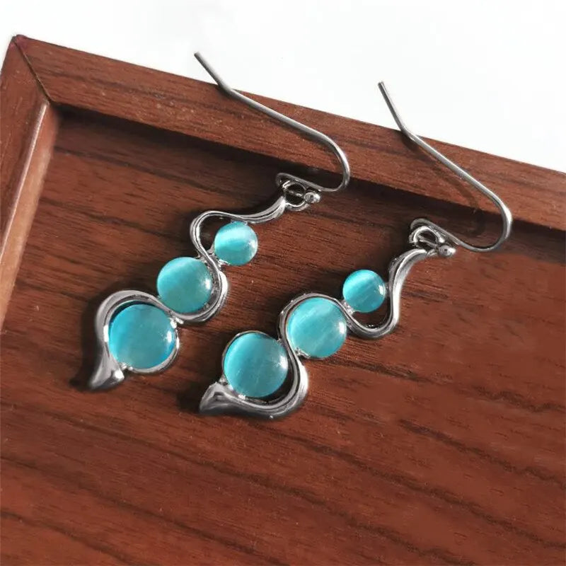 2pcs White Gold Plated Cat Eye Stone Drop Earrings for Women Drop Earrings Nixie
