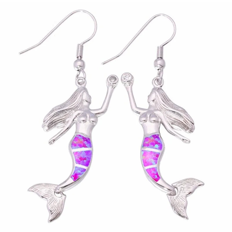 Women's Mermaid Simulated Opal Silver Long Drop Earrings