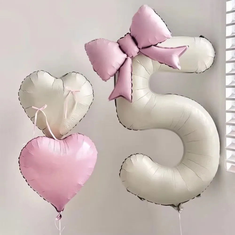 40" Cream White Number Foil Balloon with Pink Bow | Party Decor