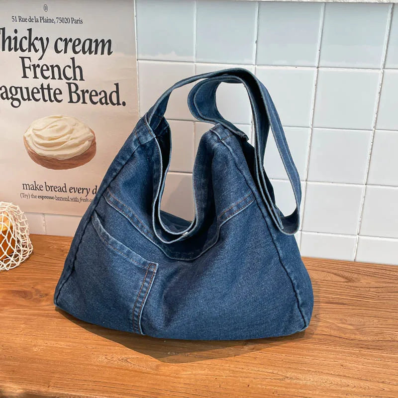 Large Canvas Denim Crossbody Tote Bag – Women's Shoulder Bag Crossbody Tote Bag Nixie Dark blue Extra Large