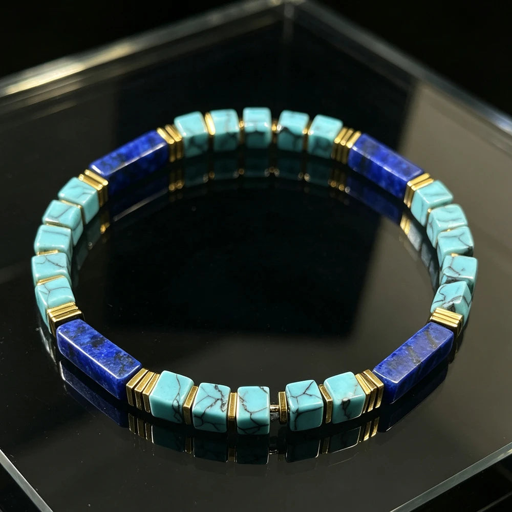 Natural Turquoise & Lapis Lazuli Square Tube Bracelet | Stackable
