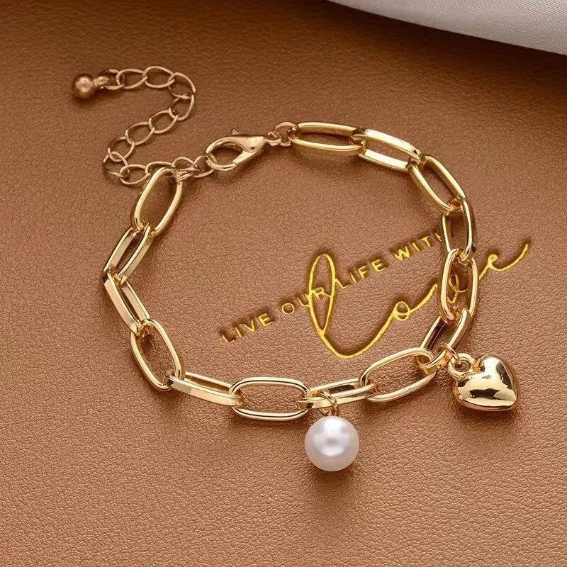 Gold Cross Chain Bracelet with Pearl Pendant – Unisex