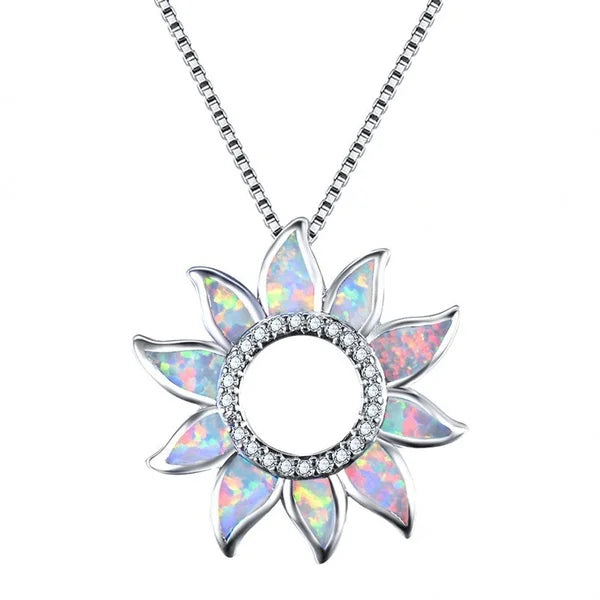 Retro Silver Sunflower Fire Opal Pendant Necklace | Rainbow Opal Pendant Necklace Nixie Light Yellow Gold Color