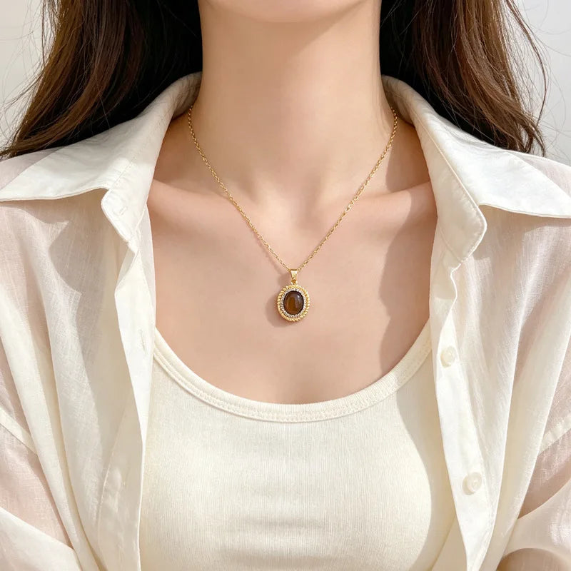 Oval Zircon Pendant Necklace | Gold-Plated Clavicle Chain Pendant Necklace Nixie