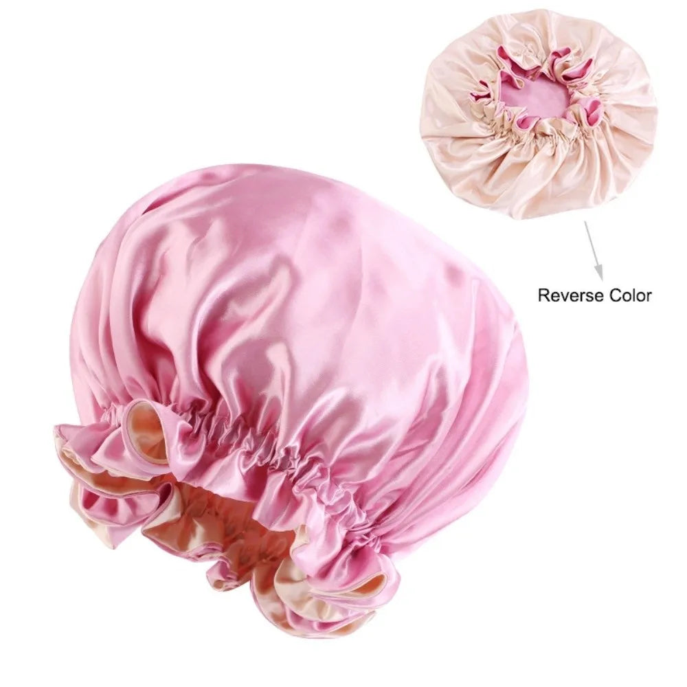 Double Layer Satin Sleep Bonnet – Reversible Lace Hair Cap Satin Sleep Bonnet Nixie Pink