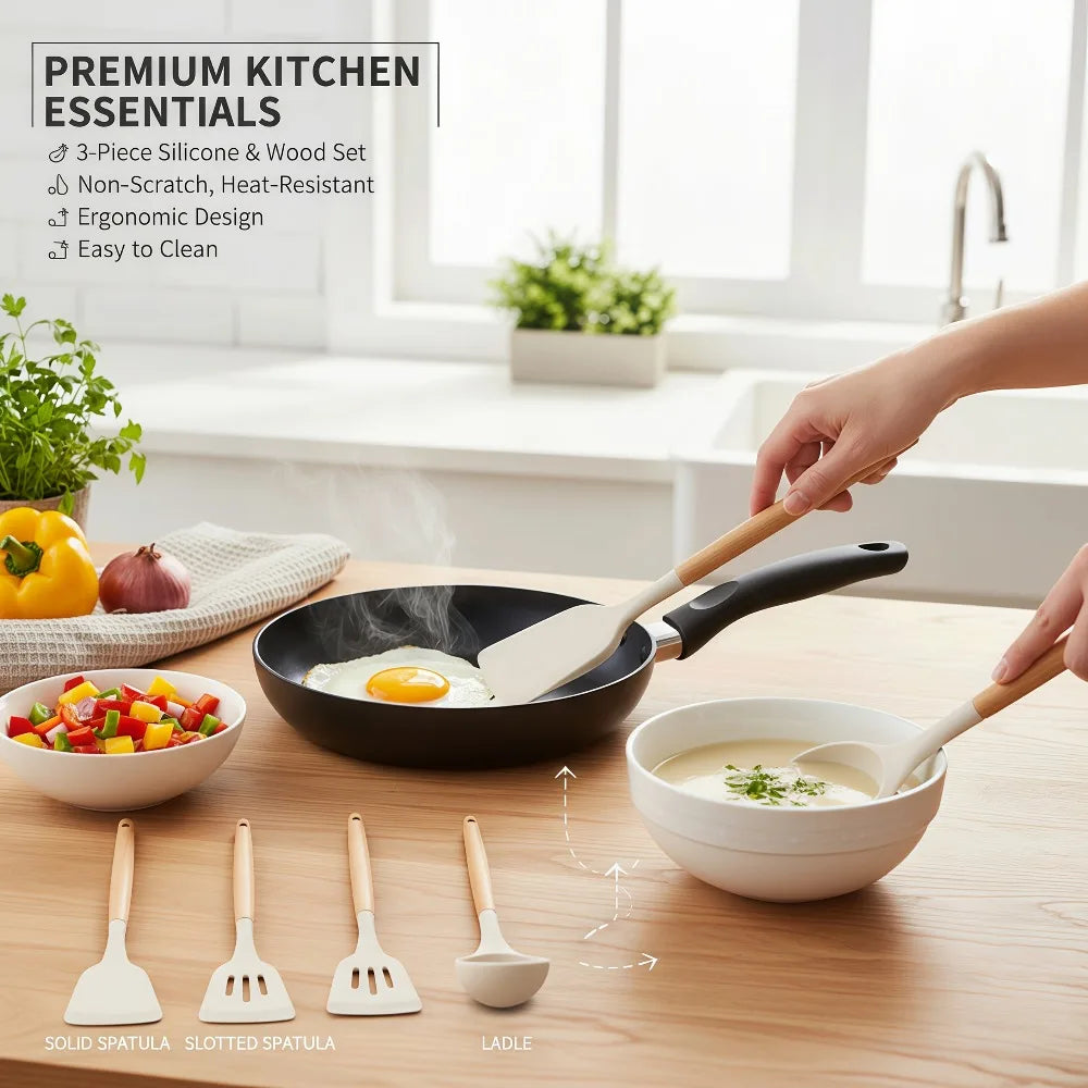 Silicone Kitchen Utensil Set – Spatula, Slotted Spatula & Ladle Silicone Cooking Utensils Nixie