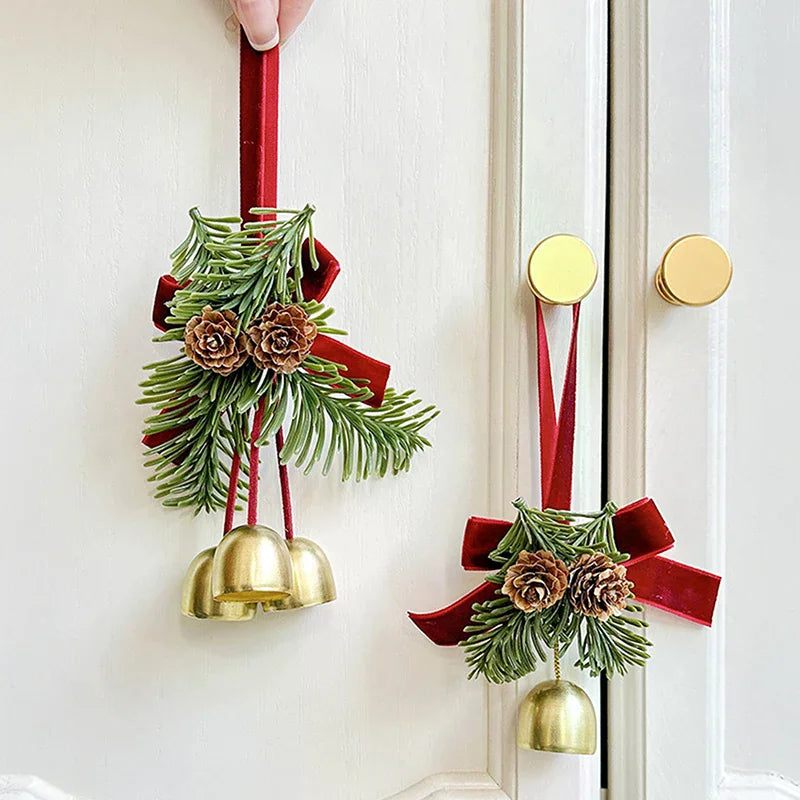 Christmas Jingle Bell Door Hanger – Velvet Bow & Pine Cone Ornament Christmas Door Ornament Nixie