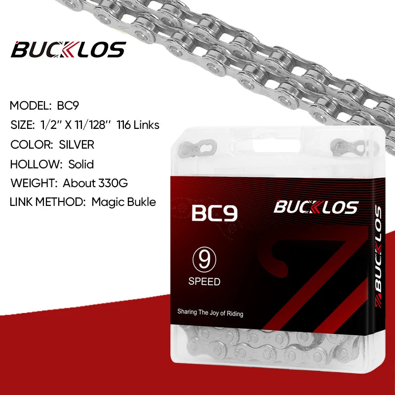 BUCKLOS MTB Bike Chain 8-12 Speed Ultralight Mountain Gravel Bicycle Chain Nixie 9 SPEED SILVER