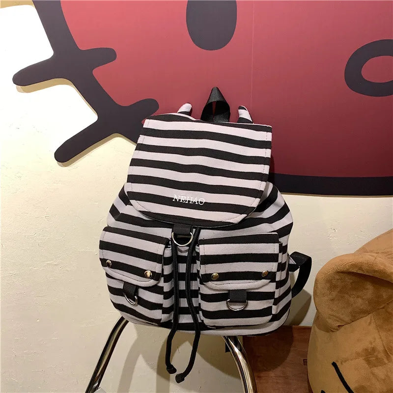 Korean Striped Canvas Drawstring Backpack – Casual School Travel Bag Canvas Drawstring Backpack Nixie