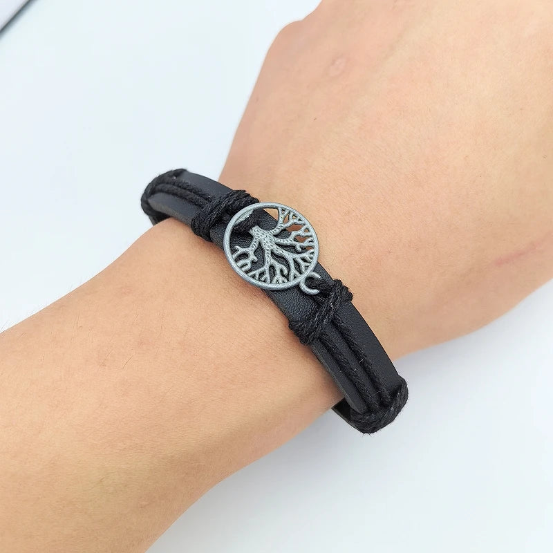 Tree of Life Leather Woven Bracelet with Wood Beads – Unisex