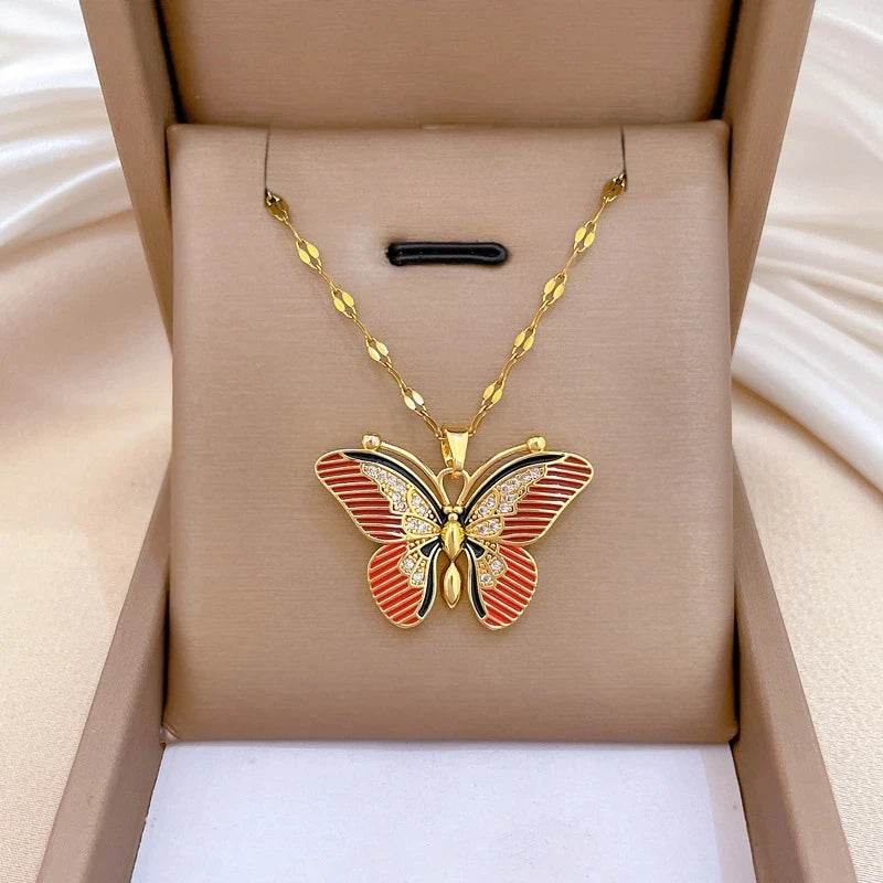 Red Butterfly Pendant Necklace – Gold Stainless Steel Choker Pendant Necklace Nixie