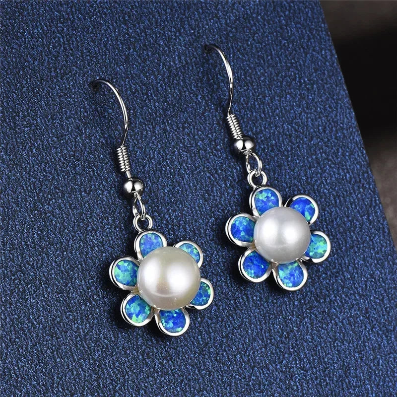 Pearl Dangle Blue Simulated Opal Drop Earrings | Silver Fashion Drop Earrings Nixie