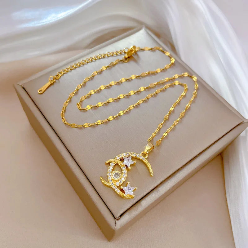 Star Moon Pendant Necklace | Gold Stainless Steel Choker Women Pendant Necklace Nixie