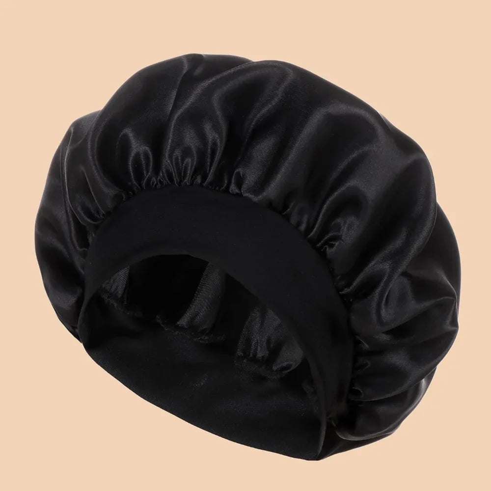 Satin Sleep Bonnet & Wide-Brimmed Shower Cap for Women Satin Sleep Bonnet Nixie BLACK