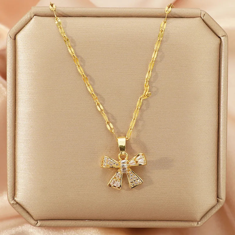 Zircon Bowknot Pendant Necklace | Gold Stainless Steel Chain Pendant Necklace Nixie XL1470-32 40cm