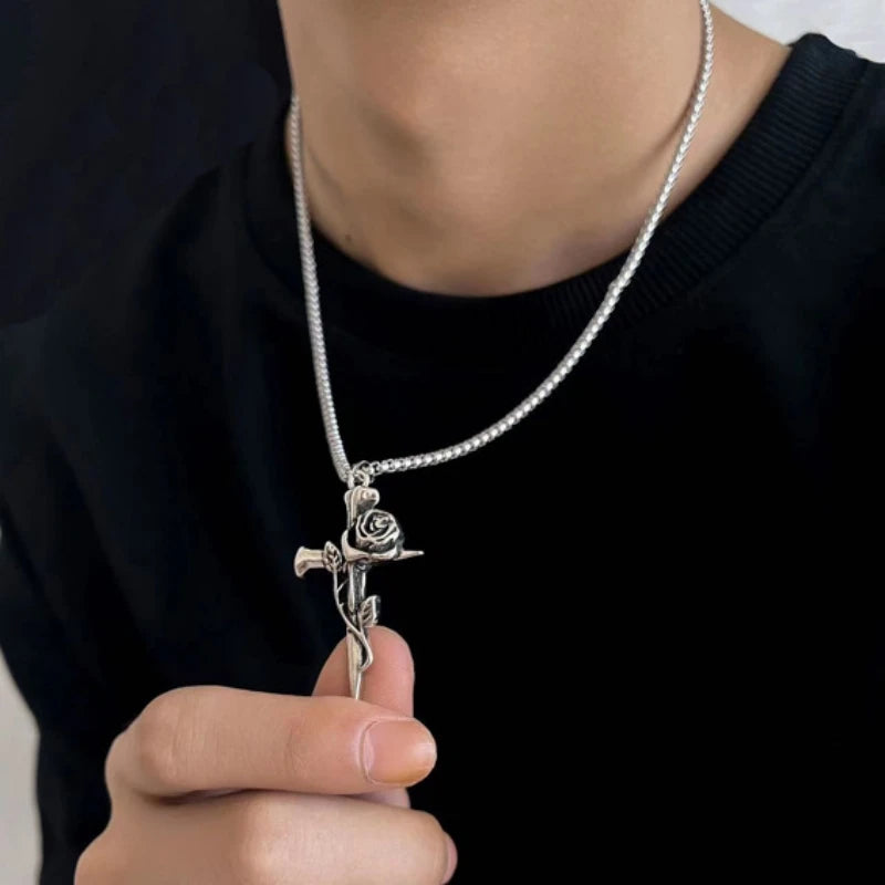 Retro Rose Cross Long Necklace Hip Hop Unisex Pendant Fashion Necklace Nixie
