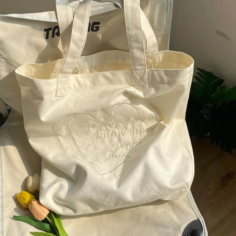 Korean Heart Embroidery Canvas Tote Bag – Large Capacity Canvas Tote Bag Nixie