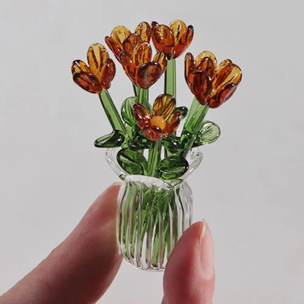 Hand-Blown Glass Flower Bouquet Set with Vase – 7pc Mini Decor Glass Floral Ornament Nixie