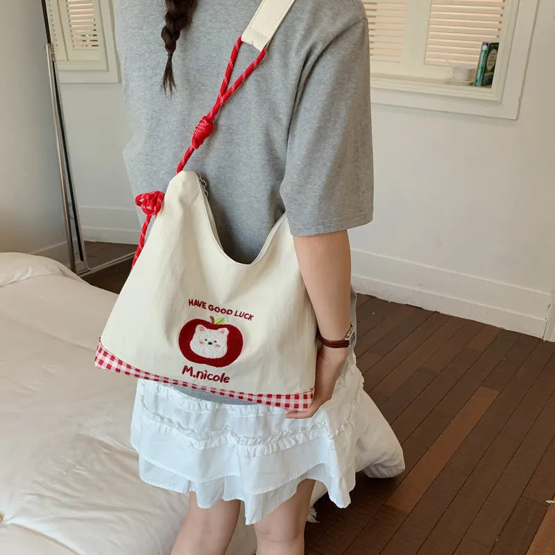 Korean Minimalist Embroidered Tote Bag – Large Crossbody for Women Embroidered Tote Bag Nixie BB-1415White