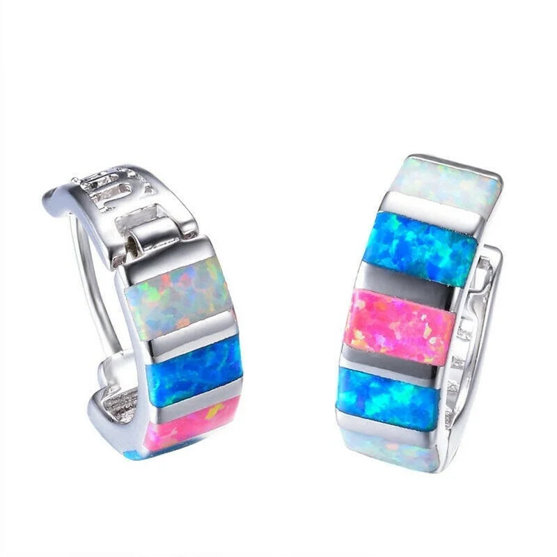 Blue Simulated Opal Hoop Stud Earrings – Trendy Fashion Stud Earrings Nixie