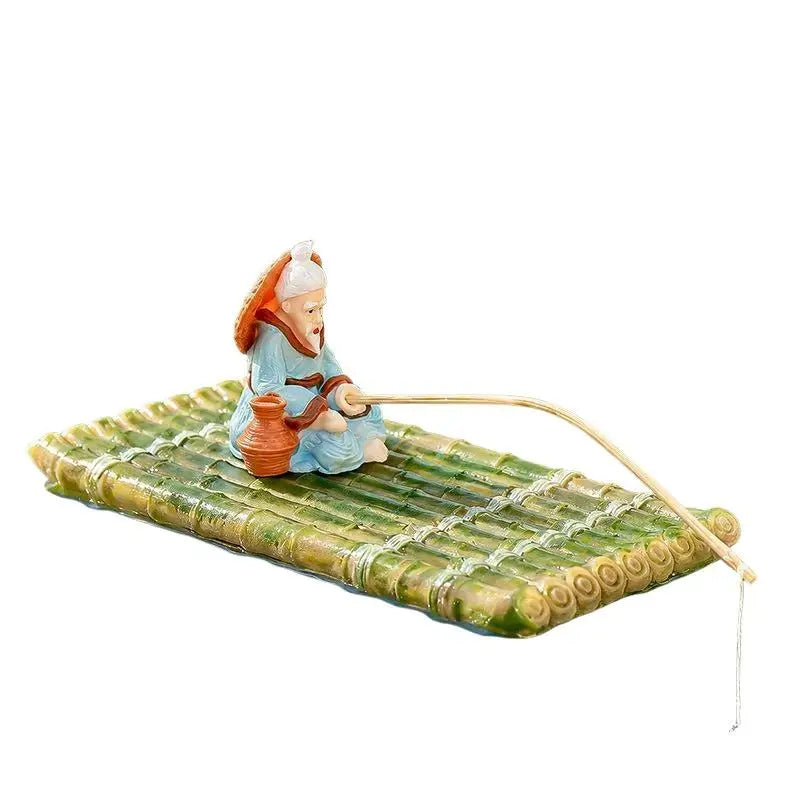 Floating Bamboo Raft Fisherman Ornament | Pond & Aquarium Decor Pond Garden Ornament Nixie